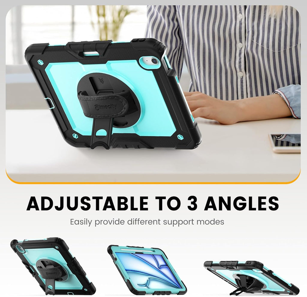 timecity Case for iPad Air 11 Inch M3/ M2 (2025/2024), 360° Rotating Stand, Pencil Holder & Wireless Charging, Shockproof with Screen Protector & Shoulder Strap - for Designers, Blue