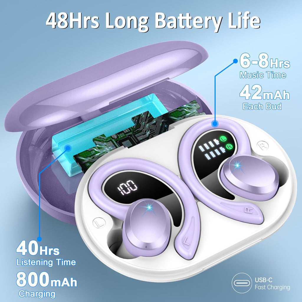 Wireless Earbud, Bluetooth 5.4 Headphones IP7 Waterproof for Sport, 48H Running Wireless Earphones with ENC Noise Cancelling Mic, Deep Bass Over Ear bud with Earhooks for Android, iOS, Workout, Purple