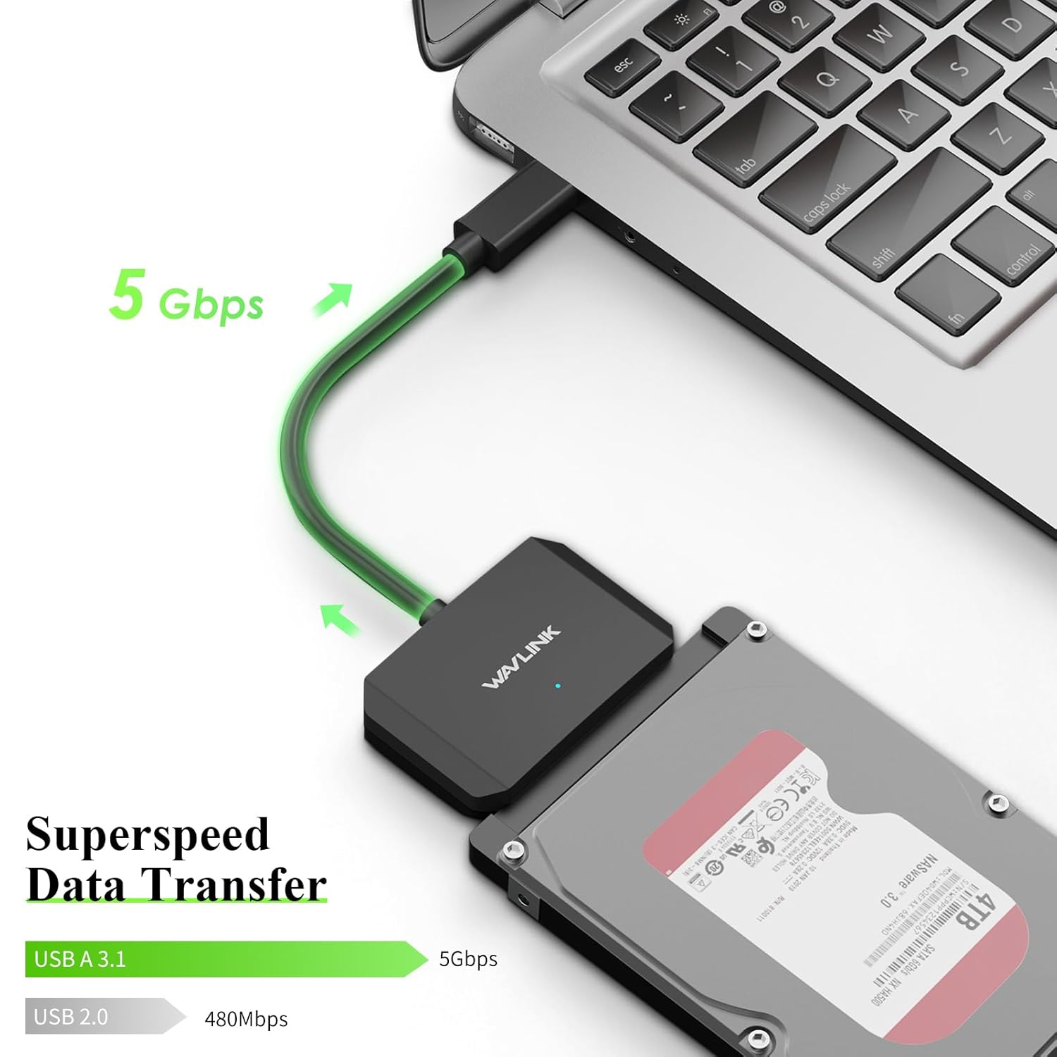 WAVLINK SATA to USB Type-A Hard Drive Cable, 5Gbps USB3.0 to Sata Cable Support UASP, External Hard Drive SATA I/II/III Connector 2.5" SSD/HDD and 3.5" HDD up to 20TB