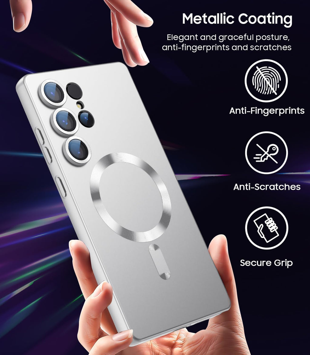Magnetic for Samsung Galaxy S25 Ultra Case [Compatible with MagSafe][Built-in Camera Lens Protector] Slim Soft Silicone Bumper Shockproof Metallic Luster Phone Shell (Silver)