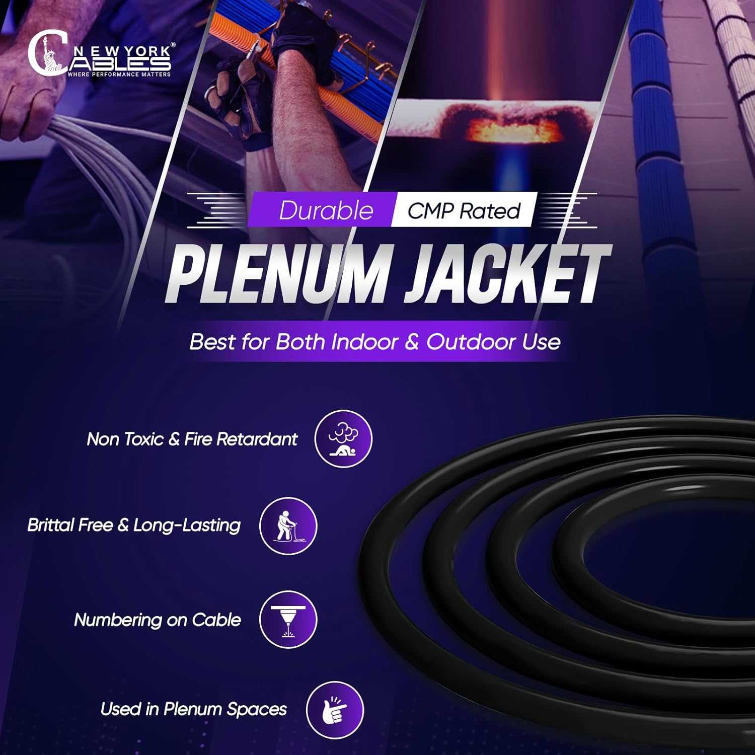 NewYork Cables Cat6a Plenum Cable 1000ft - Certified 100% Solid Pure Copper CAT6 A Ethernet Cable – 23 AWG, 750 MHz, PoE++ - Unshielded Twisted Pair - Cat 6a 10 GB High Speed for Networking & Gaming