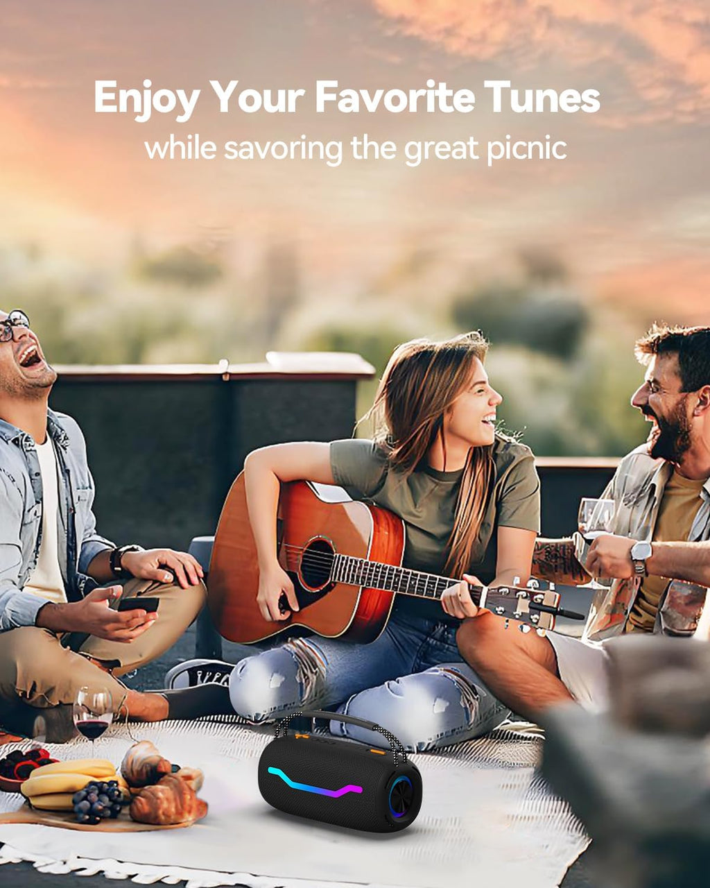 Portable Bluetooth Speaker with Light, Loud Sound and Deep Bass, IPX6 Waterproof, Up to 18H Playtime, TWS Pairing, Support Bluetooth/AUX/USB/TF Card for Home, Party, Outdoor and Travel (Black)