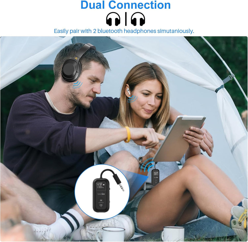 Bluetooth 5.3 Transmitter Receiver for Airplane to 2 Headphone – AptX Low Latency, 100ft Long Range, 25H Playtime, 2-in-1 Wireless Bluetooth Audio Adapter W/Screen for TV, Tablets, Speakers