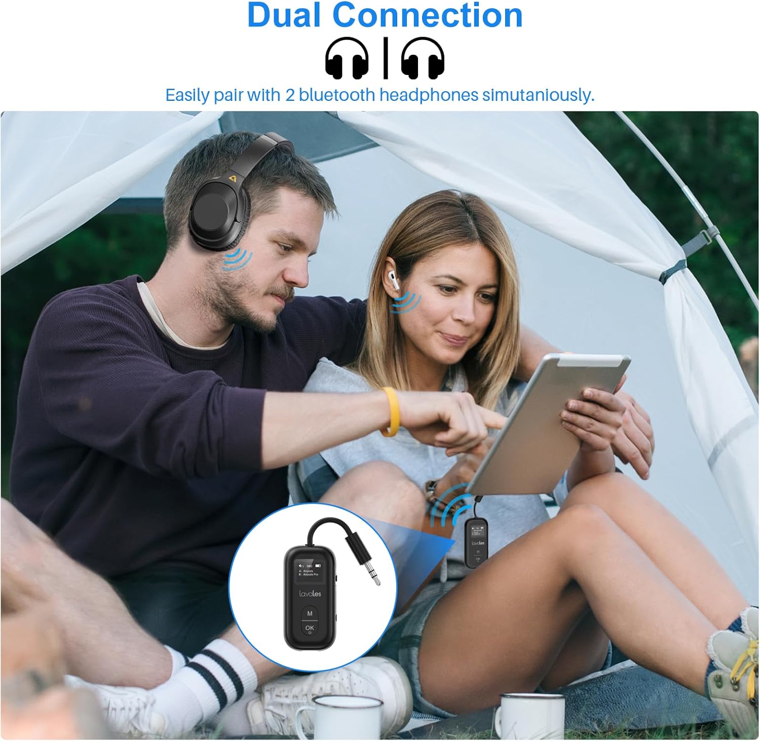 Bluetooth 5.3 Transmitter Receiver for Airplane to 2 Headphone – AptX Low Latency, 100ft Long Range, 25H Playtime, 2-in-1 Wireless Bluetooth Audio Adapter W/Screen for TV, Tablets, Speakers