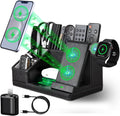 Black Leather Desk Organizer With Charging Station,Office Supplies Desk Accessories,Pen Holder for Desk,Remote Control Holder,Desk Organizer With Phone Charger,Nightstand Desktop Organizer