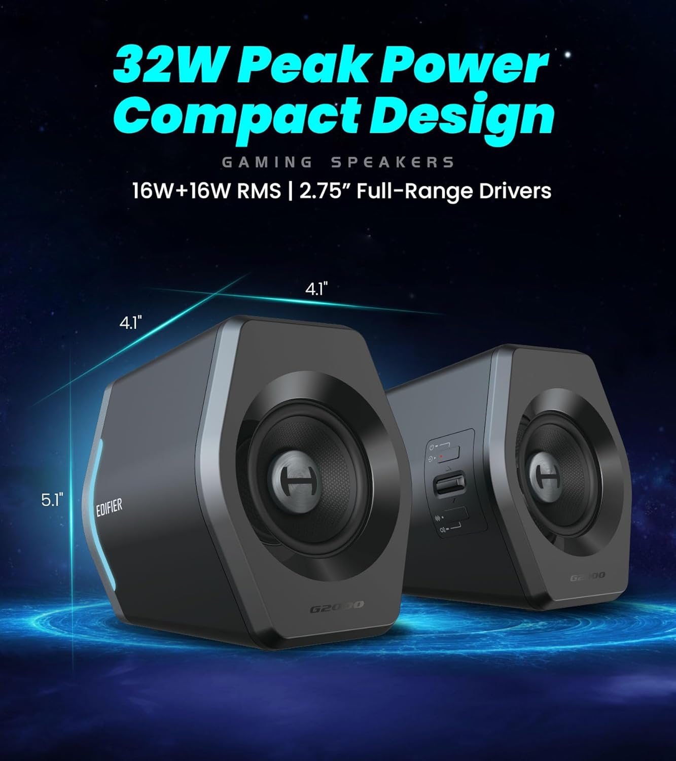 Edifier Hecate RGB Gaming Speakers, 32W Peak Power, Bluetooth 5.1, Game/Movie/Music Modes, 12 RGB Lighting Effects, Compact Design for PC/PS4/Desktop - Black