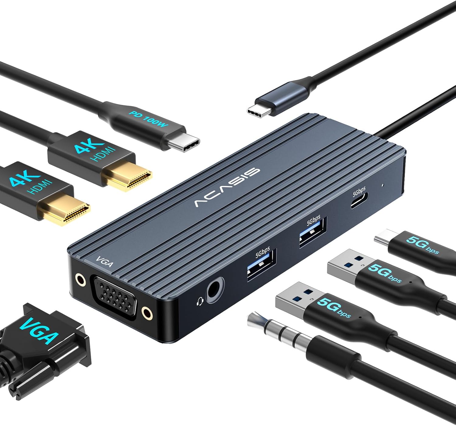 ACASIS USB C Docking Station Dual Monitors,8-in-1 Laptop Docking Station with Dual HDMI +VGA +2 * 5G USB-A/C+3.5MM Audio+PD100W, USB C HUB multiport Adapter for Dell/HP/Lenovo ThinkPad（Gray）