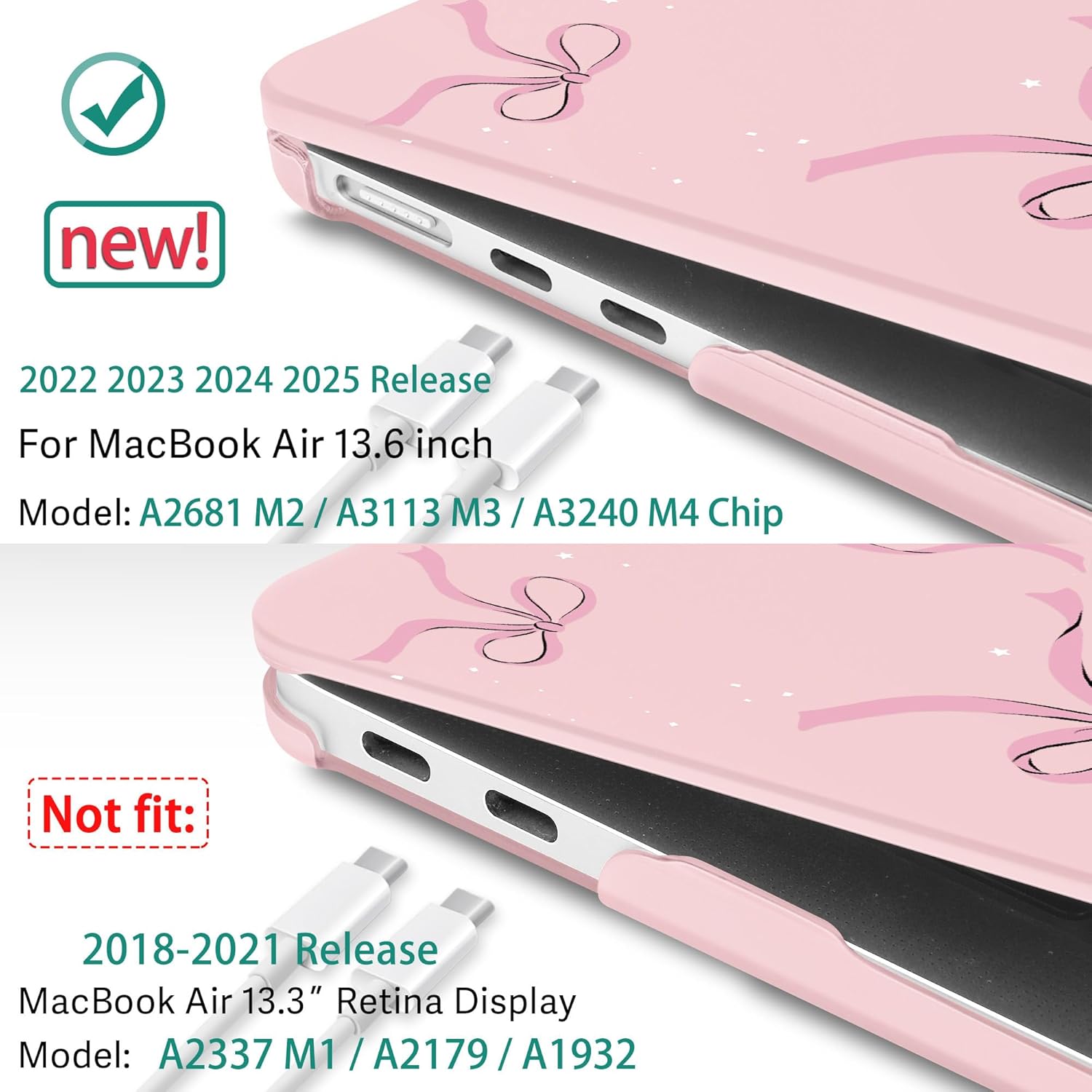 May Chen for MacBook Air 13.6 inch Case A3240 M4 A3113 M3 A2681 M2 with Retina Dispaly, 2025 2024 2023 2022 Release, Plastic Hard Shell Case with Screen Protector & Keyboard Cover, Chalk Pink Bow