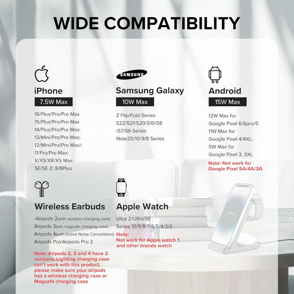Wireless Charging Station, 3 in 1 Fast Wireless Charger Stand for Multiple Devices Apple Watch Ultra Series 10 9 8 7 6 SE 5 4 3 2, iPhone 16 15 14 13 12 11 Pro Max/Plus/Mini/X/XS/XR, Airpods Pro