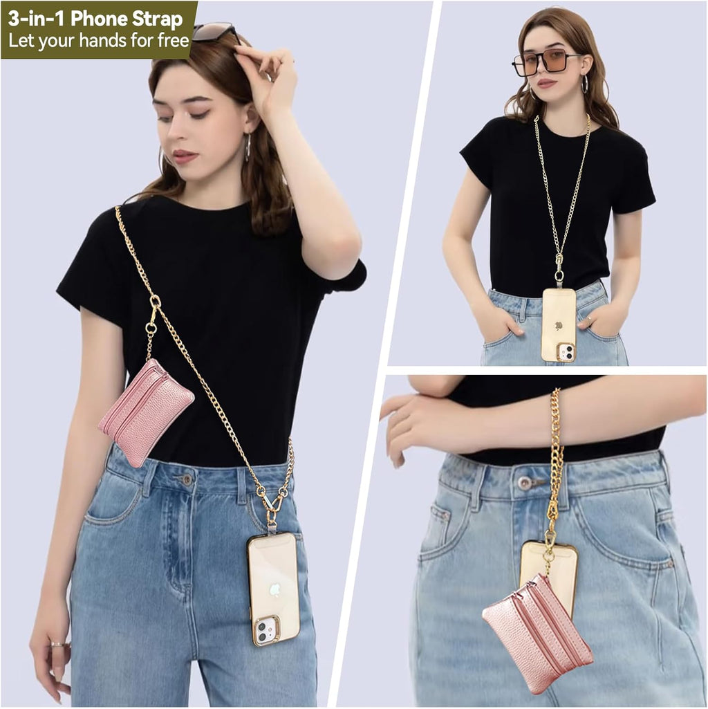 Clip and Go Strap for Phone Gold Metal Chain with Pink Purse Wallet Crossbody Phone Lanyard for Women with Cell Phone Stand Holder 2 Patches Tether Adjustable Anti Theft for iPhone 16 15 14 All Phones