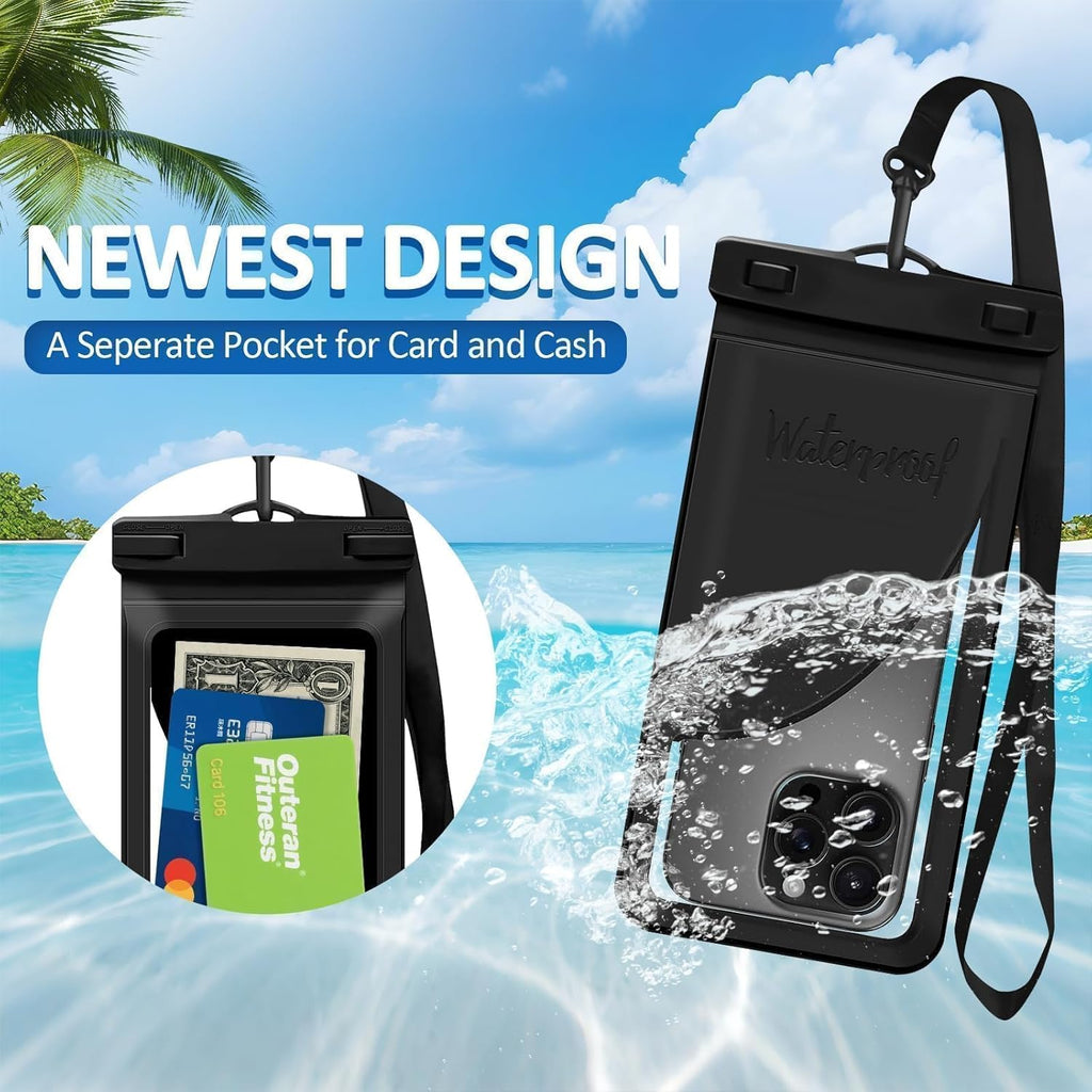 Waterproof Phone Pouch, with Inside Card Bag, Large Waterproof Case for iPhone 16 15 14 13 Pro Max,IPX8 Certified Lightweigt Cellphone Dry Bag, Beach Cruise Ship Essentials, 1 Pack-Black-8.3″