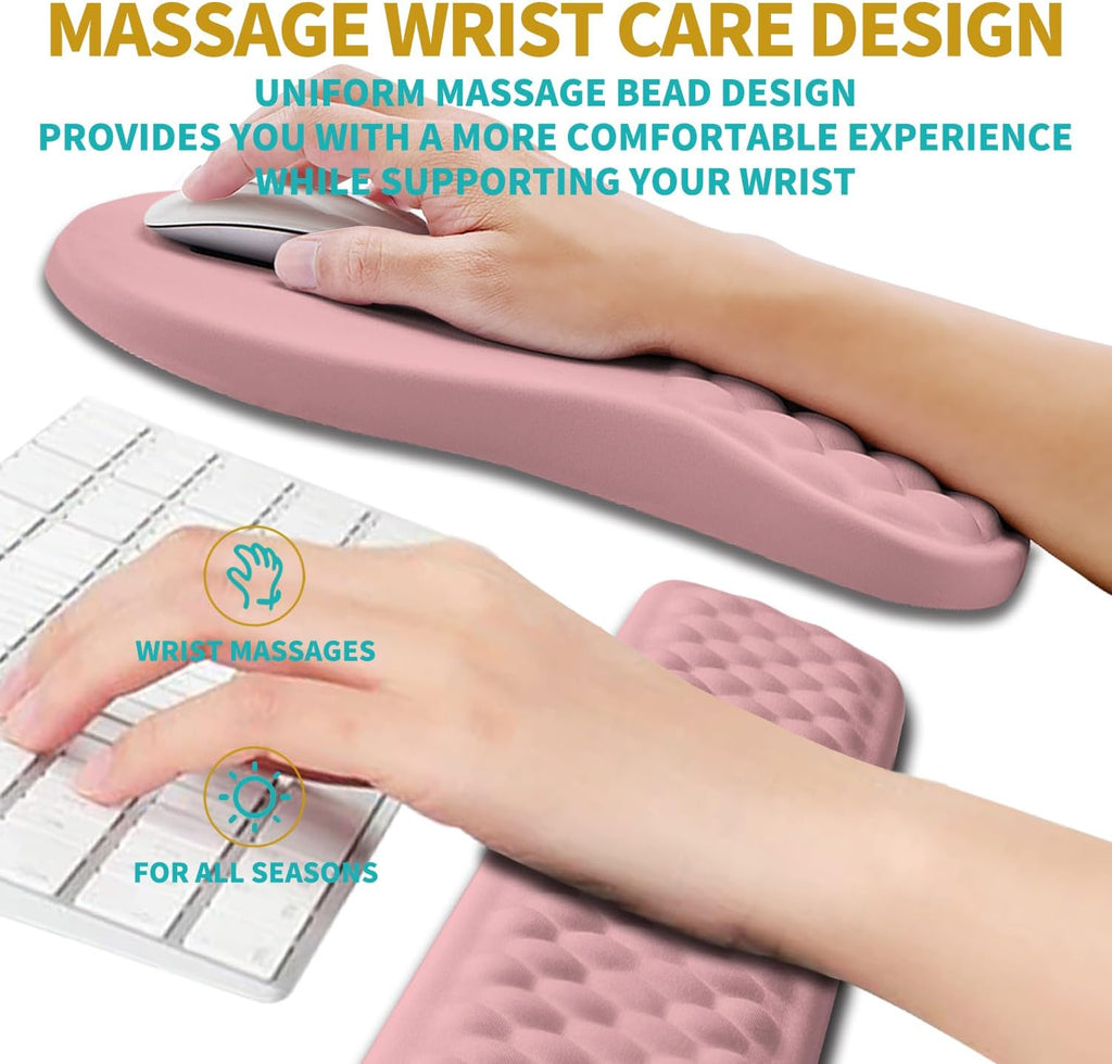Hokafenle 2 in 1 Ergonomic Mouse Pad Wrist Support & Wrist Rest for Computer Keyboard Set, with Relieve Carpal Tunnel Pain Massage Bulge and Full Memory Gel Design (2In1 Set, Pink)