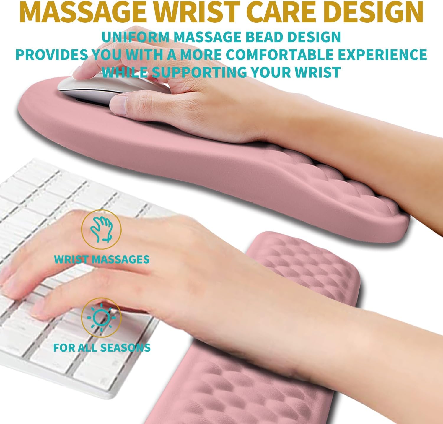 Hokafenle 2 in 1 Ergonomic Mouse Pad Wrist Support & Wrist Rest for Computer Keyboard Set, with Relieve Carpal Tunnel Pain Massage Bulge and Full Memory Gel Design (2In1 Set, Pink)