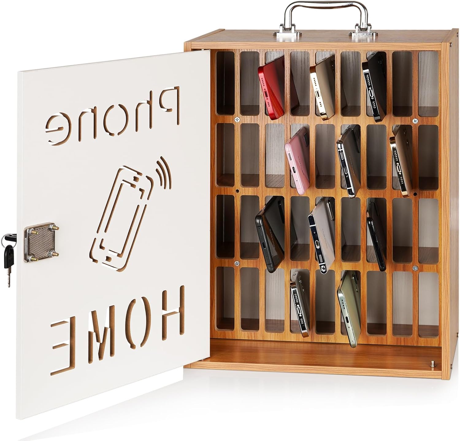 Cell Phone Holder Classroom 36 Slots Wooden Cell Phone Storage Cabinet Pocket Chart with Handle and Security Lock for Classroom Office (36 Grid Cabinet Cherry)