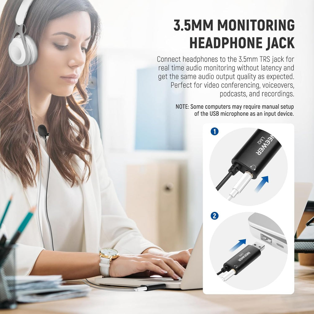 NEEWER USB Lapel Microphone, Plug & Play Mini Omnidirectional Clip On Lavalier Mic with 3.5mm Monitoring Headphones Jack for USB 2.0 Mac Windows PC Laptop Computer YouTube Skype Podcast Gaming, LM2