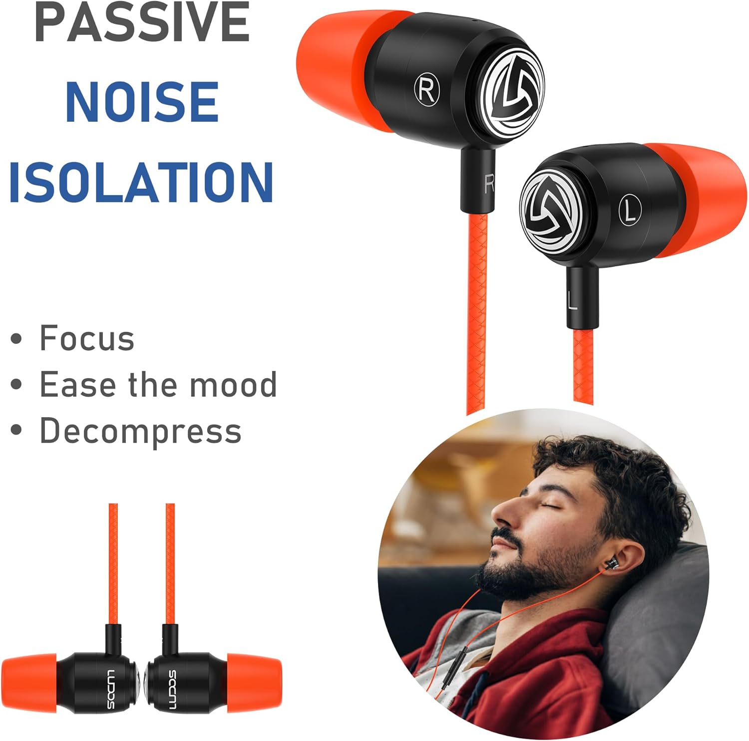 LUDOS Clamor Wired Earbuds in-Ear Headphones, 5 Years Warranty, Earphones with Microphone, Noise Isolating Ear Buds, Memory Foam for iPhone, Samsung, School Students, Kids, Women, Small Ears - Coral