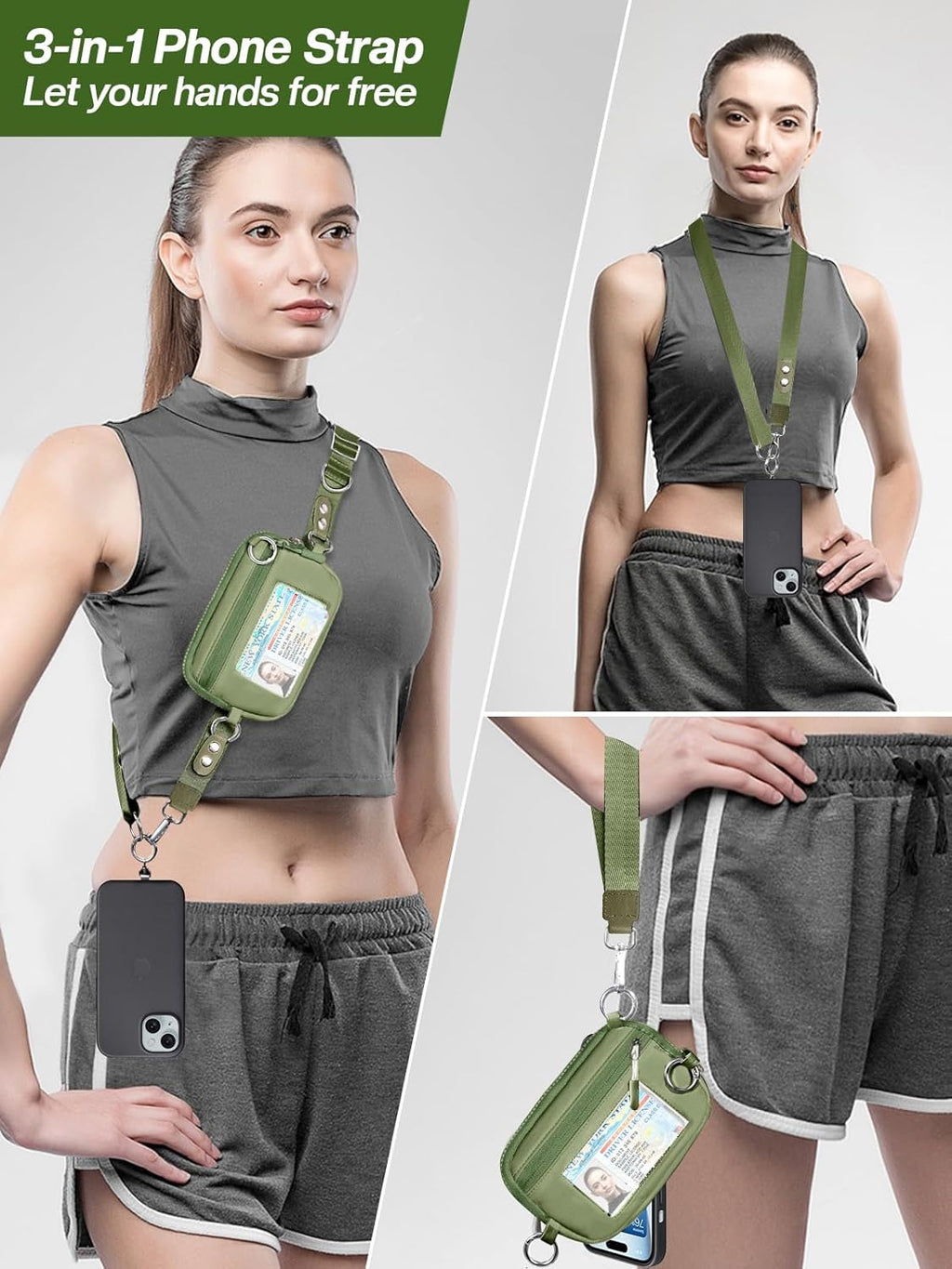 Clip and Go Strap for Phone with Wallet Crossbody Phone Lanyard Adjustable and Detachable RFID Wristlet Wallet with ID Window and Zipper, Green