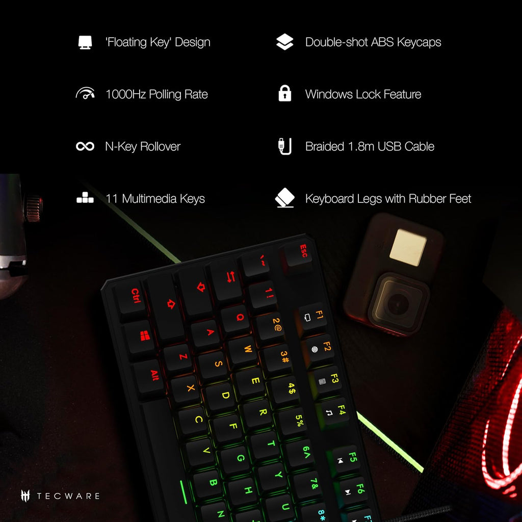 TECWARE Phantom 87 Key Mechanical Keyboard, RGB led, Outemu RED Switch