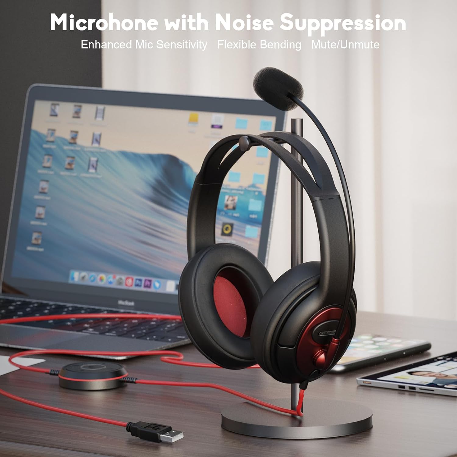 MAIRDI USB Headset with Microphone, Wired PC Headset, USB-A & USB-C Computer Headset with Mic Noise Canceling for Laptop Teams Office Work CallCenter Business Dragon Naturelly Speaking