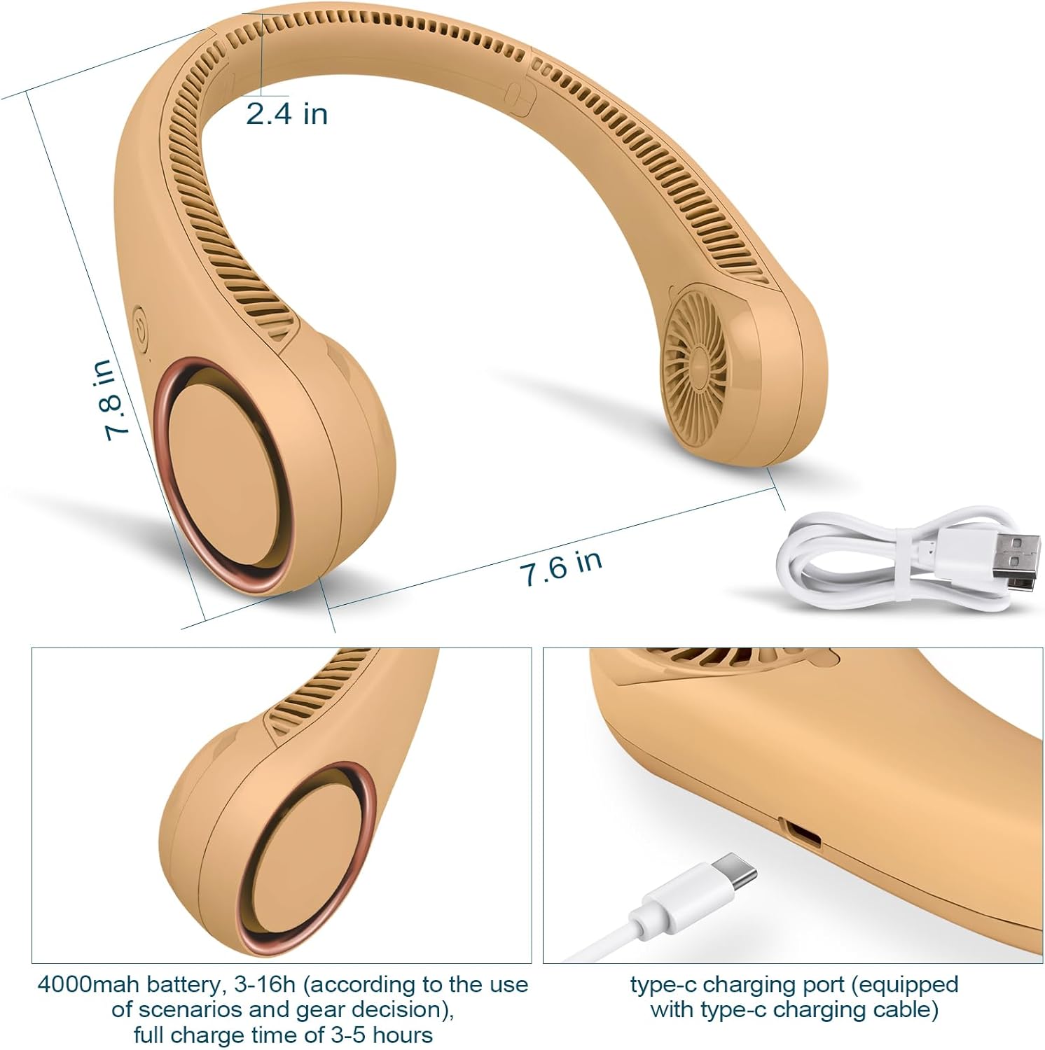 CIVPOWER Neck Fan: Portable Personal Neck Cooling Rechargeable Bladeless Fan - Hands Free 3 Speed 4000 mAh Battery USB Operated Wearable Headphone Design - for Men Women Outdoor Indoor (Orange)