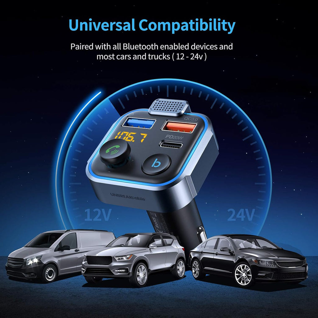 UNBREAKcable Bluetooth 5.3 FM Transmitter for Car, [PD 20W + QC 3.0] [Stronger Microphone & HiFi Bass Sound] Cigarette Lighter Radio Music Adapter Charger, Supports Hands-Free Siri Google Assistant