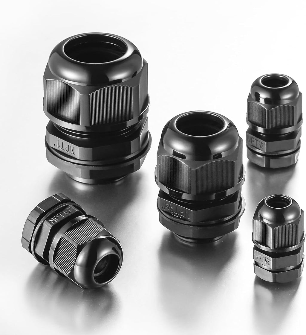 25 PCS 1/2"(6-12.5mm) NPT Nylon Cable Gland Joints with Gaskets, IP68 Adjustable Lock Nut Strain Relief Cord Grip Waterproof Cable Glands - UL Listed and RoHS Compliant