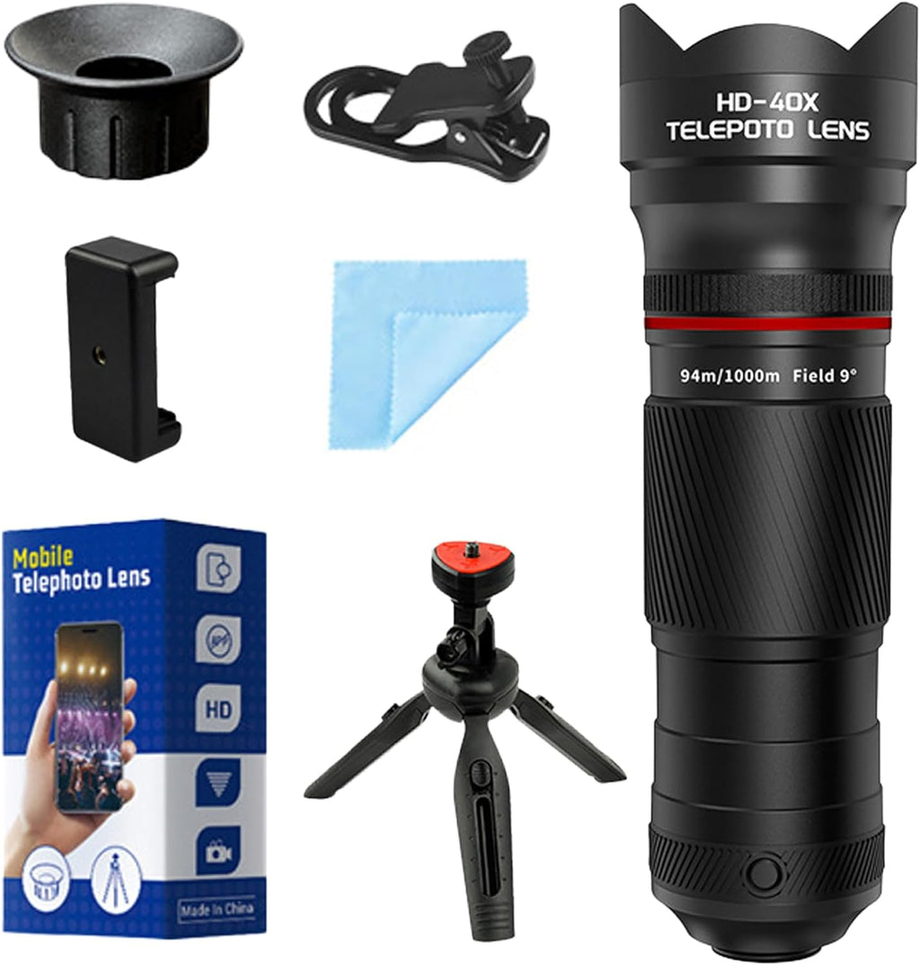 40X Telephoto Lens with Tripod for iPhone Android Phones, 2-in-1 Mobile Phone Camera Lens Kit with Universal Clip, HD Magnifier for Smartphone Photography - Compatible with All Smartphones