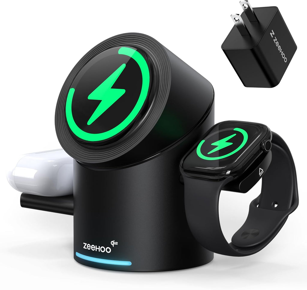 ZEEHOO 3 in 1 Charging Station for Apple Devices, Mag-Safe Charger Stand, Qi2 15W Auto-Rotating Wireless Charger for iPhone 16/15/14/13/12 Series& AirPods& iWatch(Black)