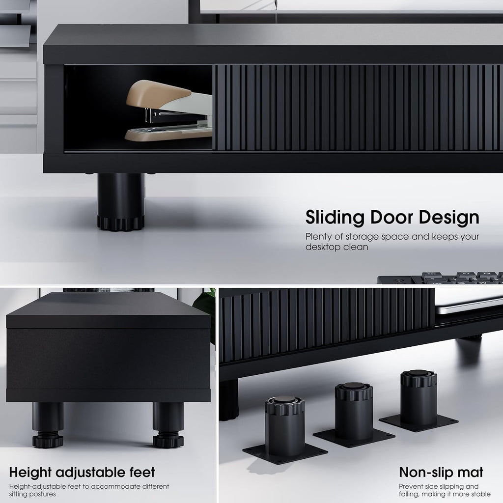 Fenge Dual Monitor Stand, 42.5inch Long Monitor Stands Riser for 2 Monitors, Sliding Door with Storage Organizer Stand for Desk, 2 Tier Desk Shelf for Laptop, Pc, Printer, Computer, TV