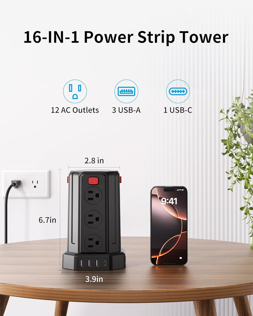 Power Strip Surge Protector, 6.5 Ft Extension Cord with 12 AC Multiple Outlets 4 USB (1 USB C), SMALLRT Power Tower Desktop Charging Station (Black, 6.5 Ft)