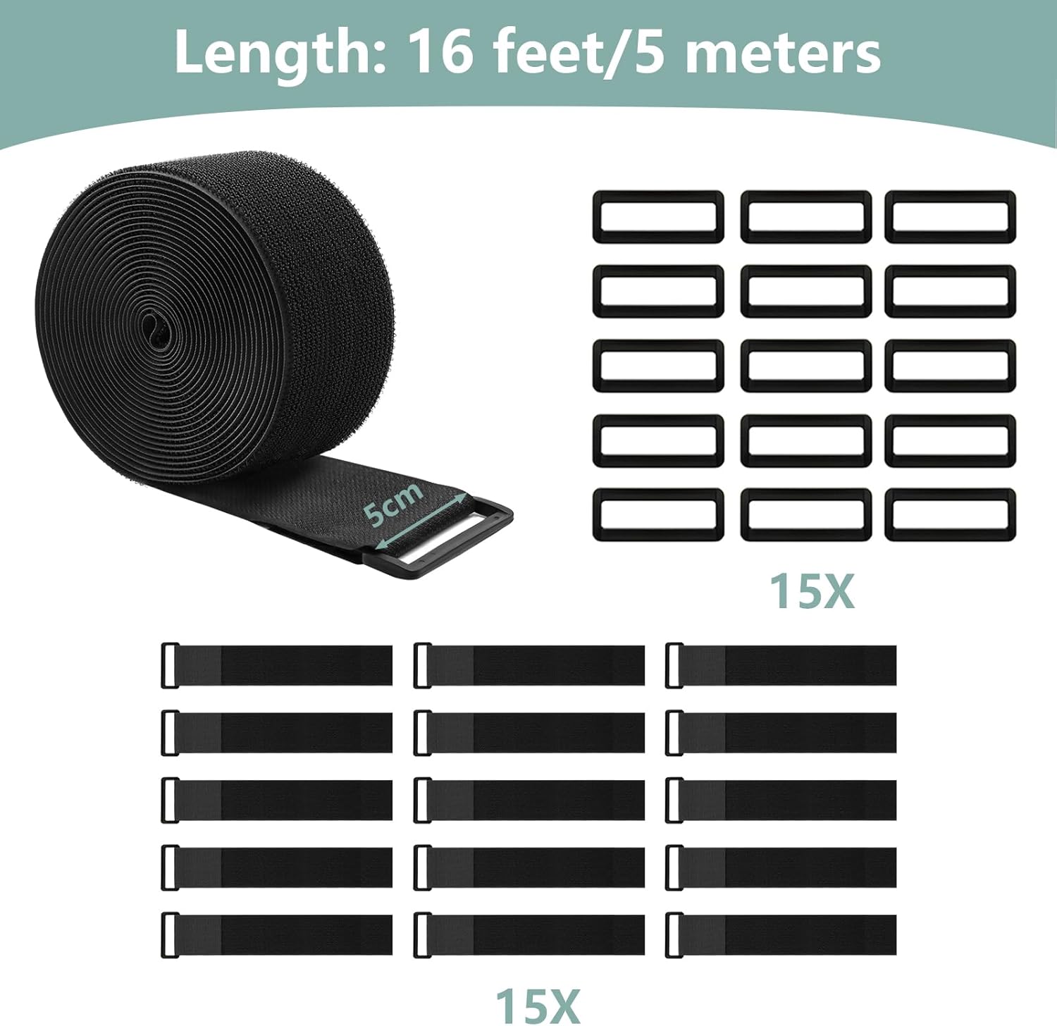 2In x 16Ft Cable Straps Heavy Duty With 15 Buckles, Black Hook and Loop Straps, Reusable Cable Ties for Organizer or Storage