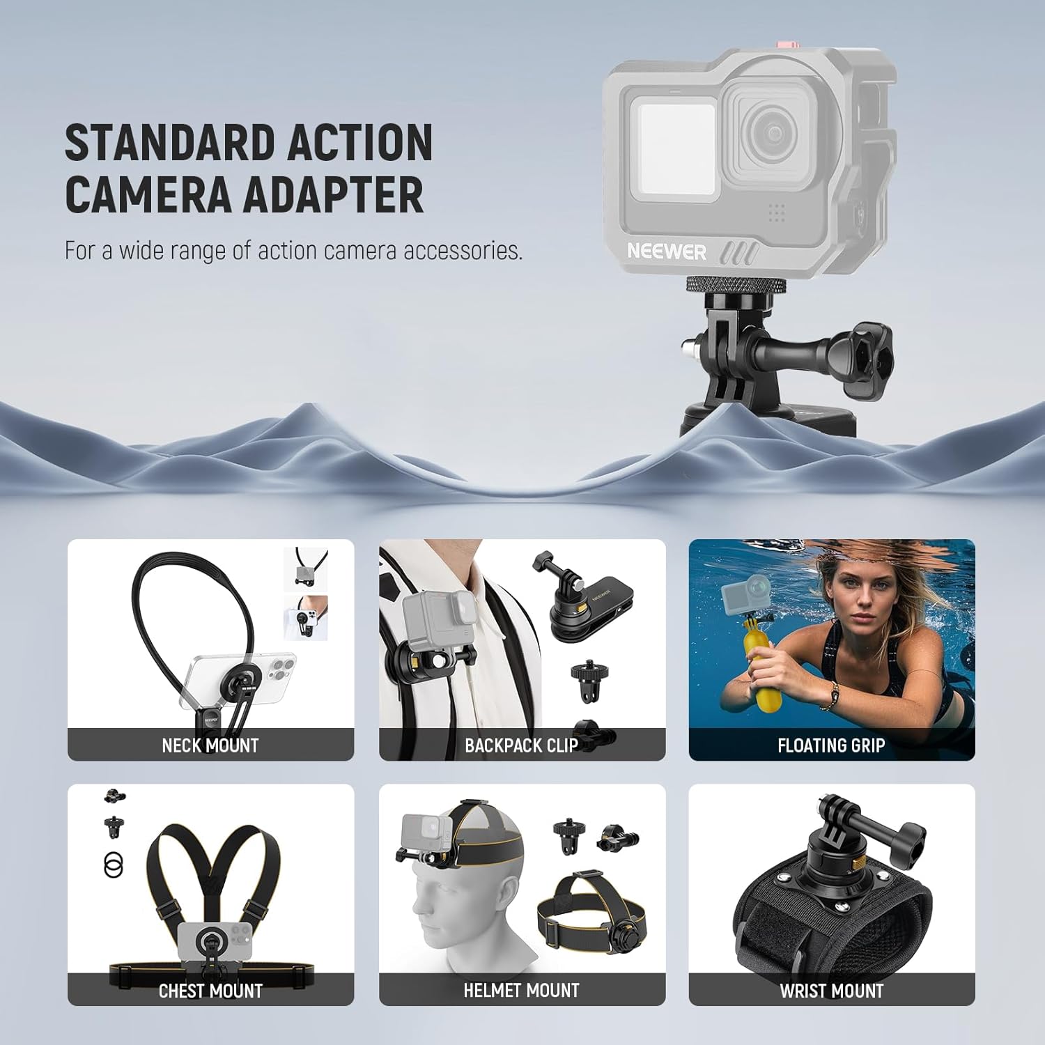 NEEWER Action Camera Tripod Mount Adapter with 1/4"-20 Screw Aluminum Alloy Accessories Compatible with Insta360 X5 X4 X3 GoPro Hero 13 12 DJI Osmo Action 5 Pro 4 3 AKASO APEMAN, GP-81