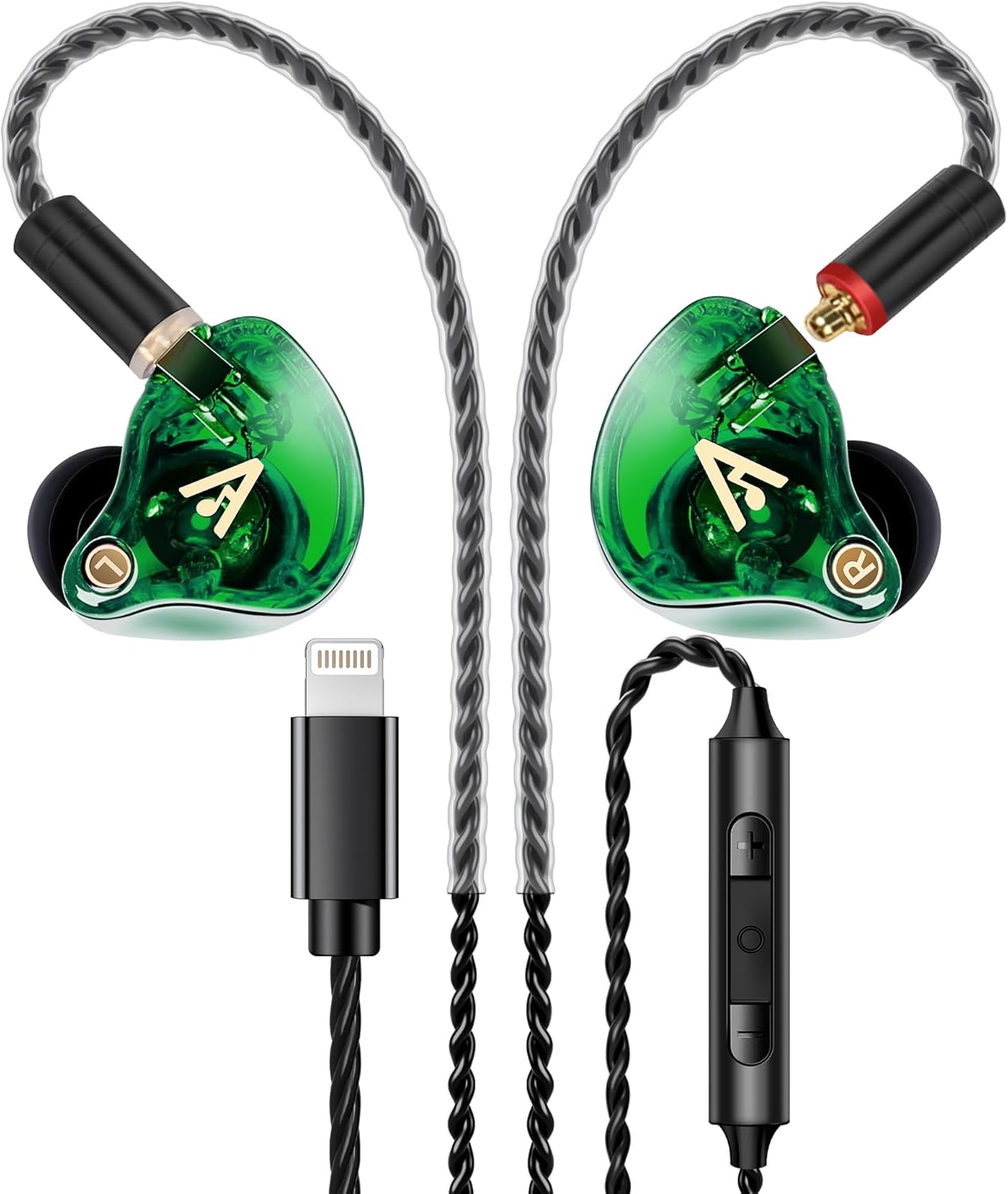 Vibes 202ML Wired Earbuds - HiFi in Ear Headphones - Noise-Isolating Ear Buds w/ Mic - Clear Sound, Deep Bass, Comfort-Fit Earphones - MMCX–Lightning for iPhone 5–14, Silver Plated Cord, Carrying Case