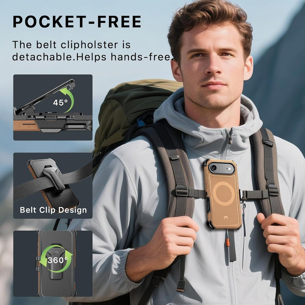M MYBAT PRO for iPhone Air Case with Belt Clip Holster, [Compatible with Magsafe] w/Screen Protector, Anti-Drop, Shockproof, w 360°Rotating Kickstand, Heavy Duty Protection (Brown)
