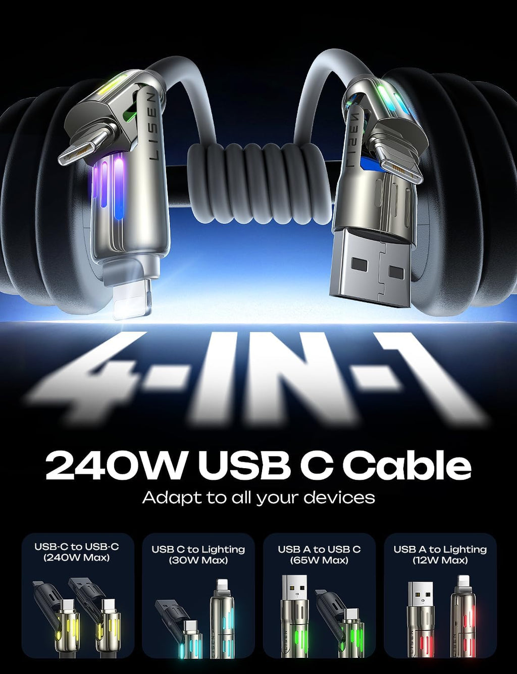 LISEN 10 FT USB C Cable Fast Charging, 240W 4 in 1 Charging Cable, Chubby Type C/A to C/Lightning Cable with Light for iPhone 16 15 14 Pro/MacBook/iPad/Samsung/Switch, Multi Chargers for All Devices