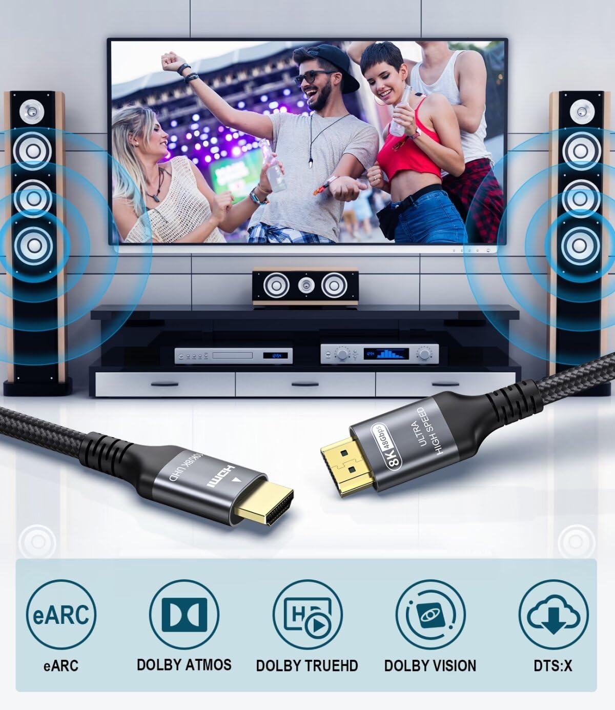 Certified 10K 8K HDMI 2.1 Cable 10 FT, 48Gbps Ultra High Speed HDMI Cable with Ethernet 4K 240Hz 165Hz 144Hz 120Hz 8K60Hz eARC HDCP2.3 HDR10+ PC Laptop TV Monitor Projector