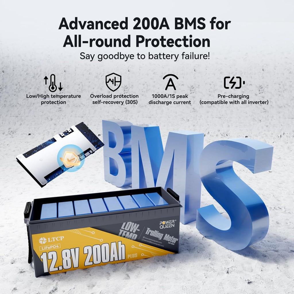 Power Queen 12V200Ah PLUS LiFePO4 Battery, Low Temperature Protection, Built-in 200A BMS, Max.2560W Load Power, Deep Cycle Battery for Trolling Motor, Marine, RV Camping, Off-grid Application