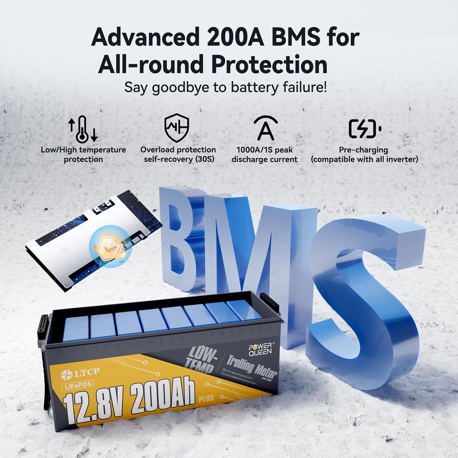 Power Queen 12V200Ah PLUS LiFePO4 Battery, Low Temperature Protection, Built-in 200A BMS, Max.2560W Load Power, Deep Cycle Battery for Trolling Motor, Marine, RV Camping, Off-grid Application