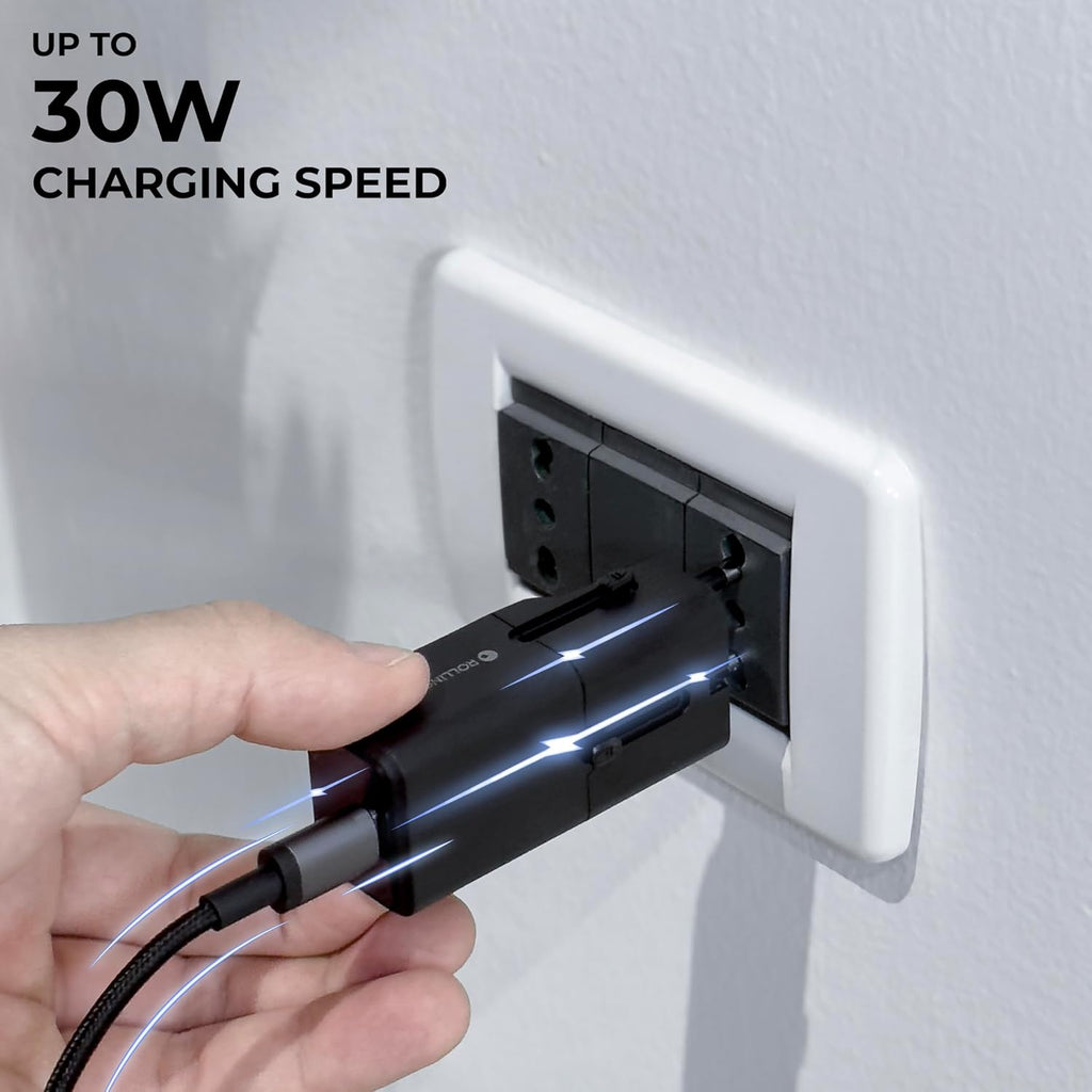 Rolling Square Portable Pocket Travel Adapter I Universal USB-C Charger for 200+ Countries I US, EU, UK, AU Plug 30W Fast Charging for Smartphones, Tablets & More I Compact & Lightweight I Black
