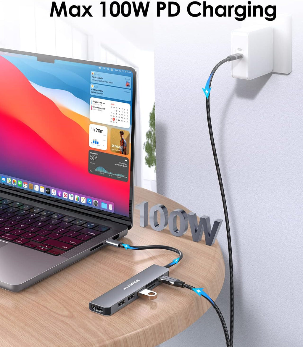LENTION USB C Hub with 100W Charging, 4K HDMI, Dual Card Reader, USB 3.0 & 2.0 Compatible MacBook Pro, New Mac Air/Surface, Chromebook, More, Stable Driver Adapter (CB-CE18, Space Gray)
