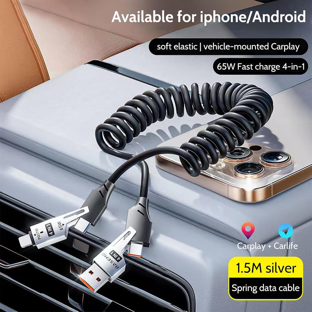 65W 4-in-1 Retractable Fast Charging Cable, 2M/6.5ft Spring Coiled USB-C to L/USB-C/USB-A Multi-Device Cord for iPhone 15/14/13, iPad, Samsung, MacBook, Laptop, Car, Tablet