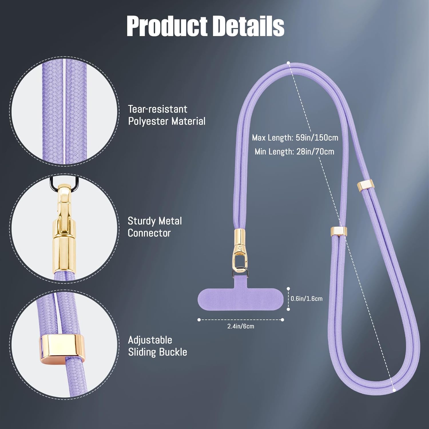 Phone Lanyard 2 Pack, 2x Adjustable Crossbody Phone Strap, 2x Tether Tab, Anti-theft Universal Cellphone Multifuctional Patch Lanyards for iPhone & Most Smartphones, Silver Grey + Purple