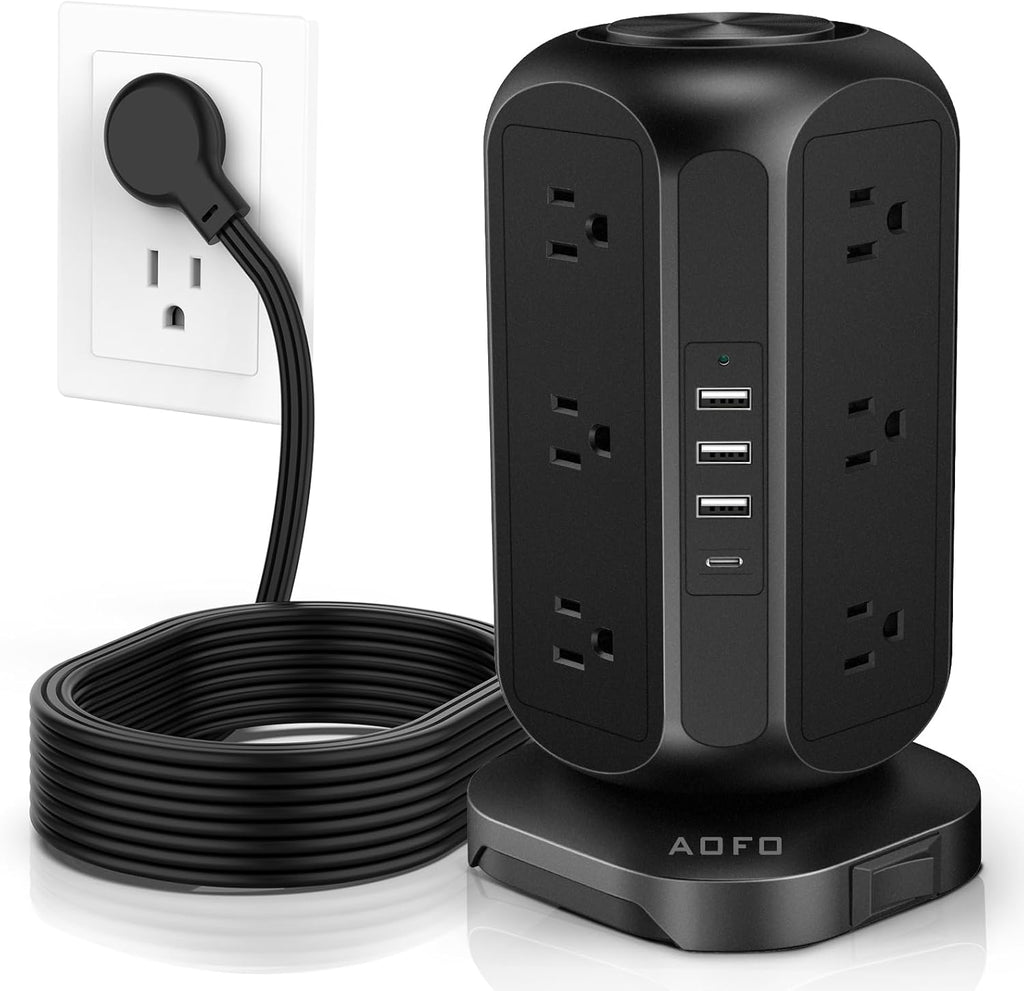 Power Strip Tower AOFO Surge Protector 12 AC Outlets with 4 USB(1 USB C) Ports Charging Station with Overload Protection, Widely Spaced Multiple Outlets with 10Ft Extension Cord for Home,Dorm & Office