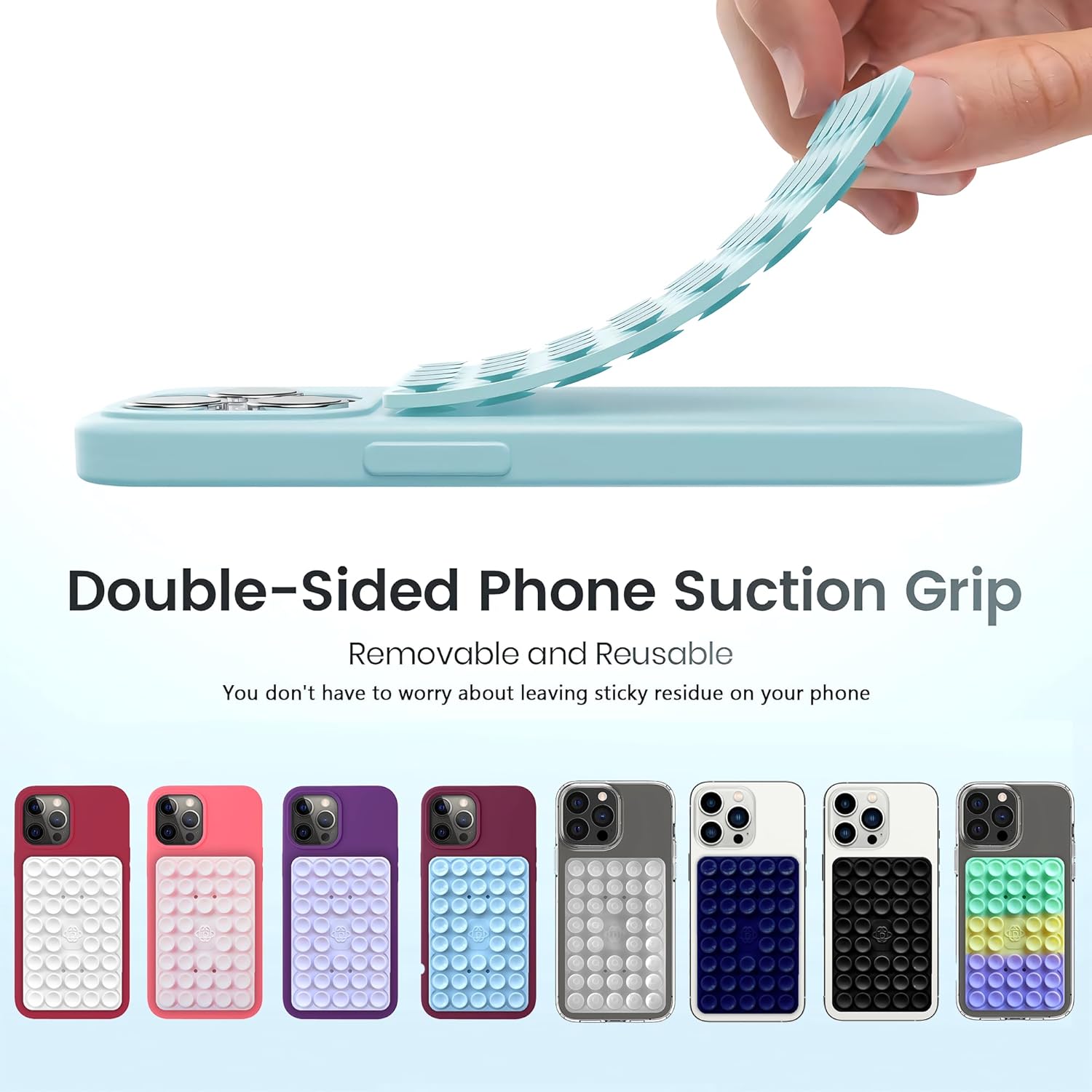 Silicone Double-Sided Suction Phone Grip Detachable Mount - Car Dashboard/Shower Phone Holder, Hands-Free For Selfies & Videos, ASMR- iphone & Android Compatible (Large, Transparent+BabyPink)