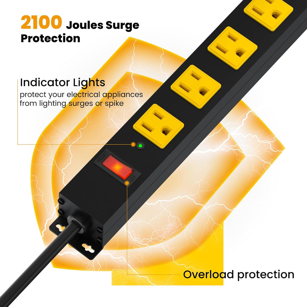 Metal 12 Outlet Mountable Power Strip, Surge Protector Heavy Duty Cord Wide Spaced and Wall Mount Metal Powerstrip for Outdoor, Desk, Garage, Industrial, Shop and Indoor (6ft)