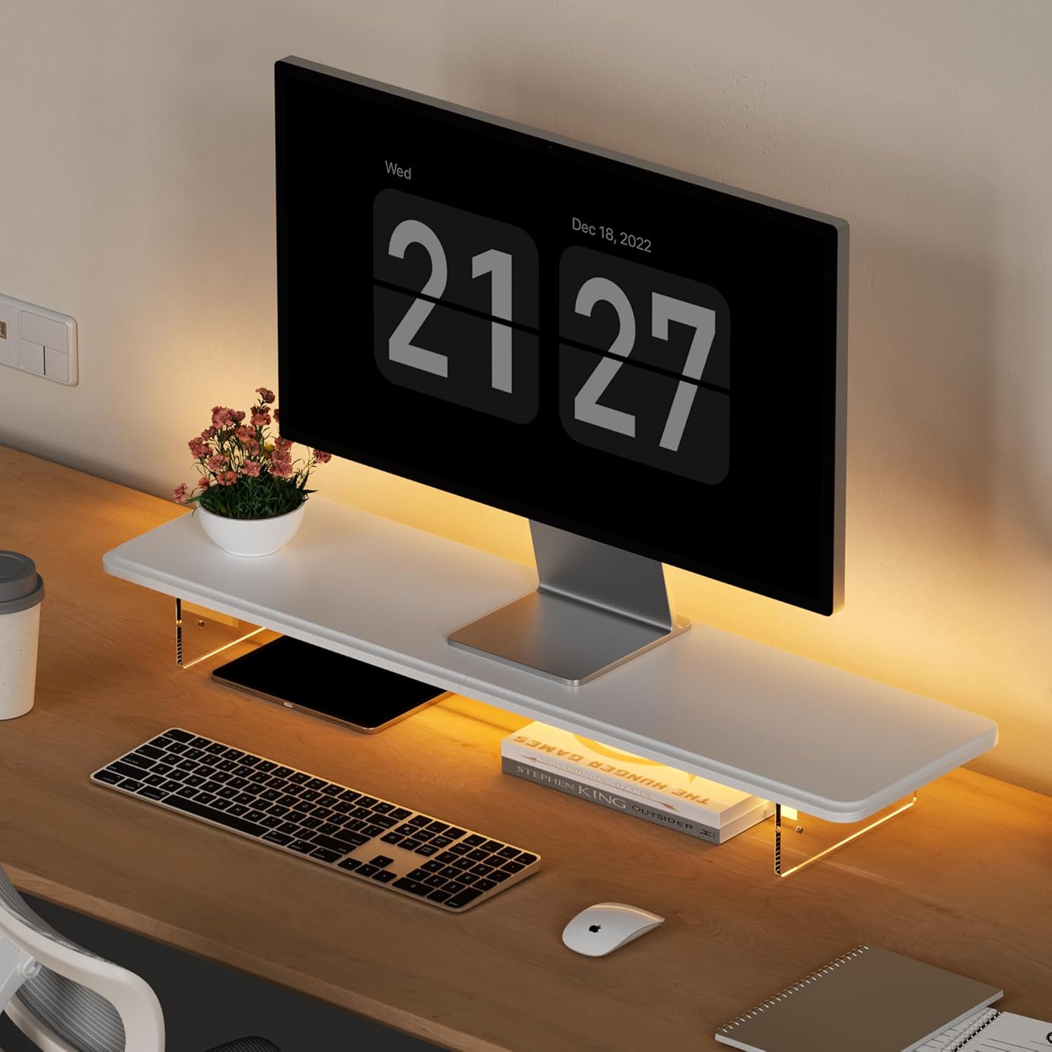 Monitor Stand Riser,31.5-Inch LED Light Wood Computer Monitor Stand with Adjustable Acrylic Legs,Desk Accessories Desktop Organizer Stand for, Computer,Laptop,Printer,PC TV Screen Riser,White