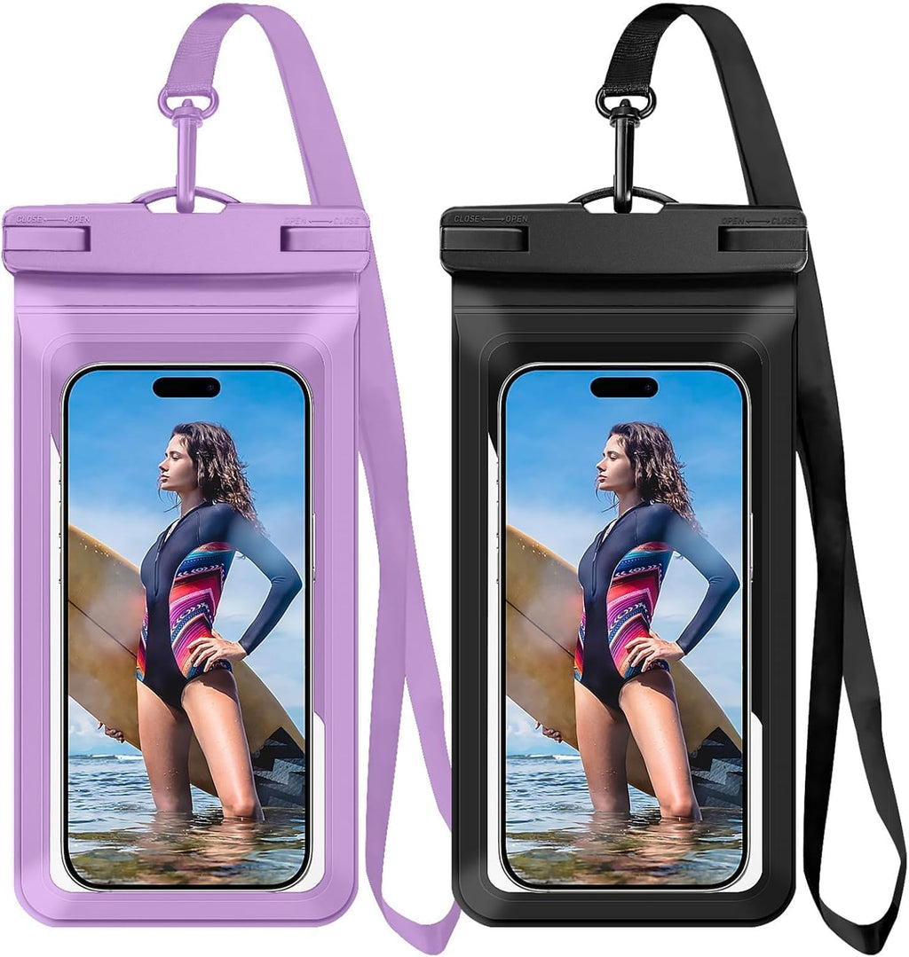 Universal Waterproof Phone Case, with Inside Card Pack, Waterproof Beach Bag for iPhone 16 15 14 13 Pro Max up to 8.3", IPX8 Cell Phone Pouch for Cruise Travel Accessories, 2 Pack-Black&Purple