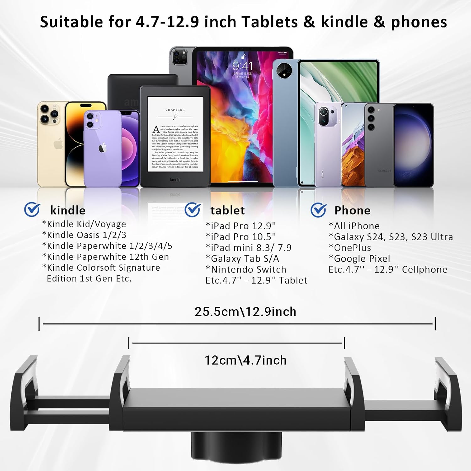 Desk Tablet Holder for iPad Pro, No Stiff Easy Adjust Arm Phone and Tablet Stand for Bed, Ereader Accessories Compatible with Kindle iPhone, iPad Pro/Mini/Air, Smartphones