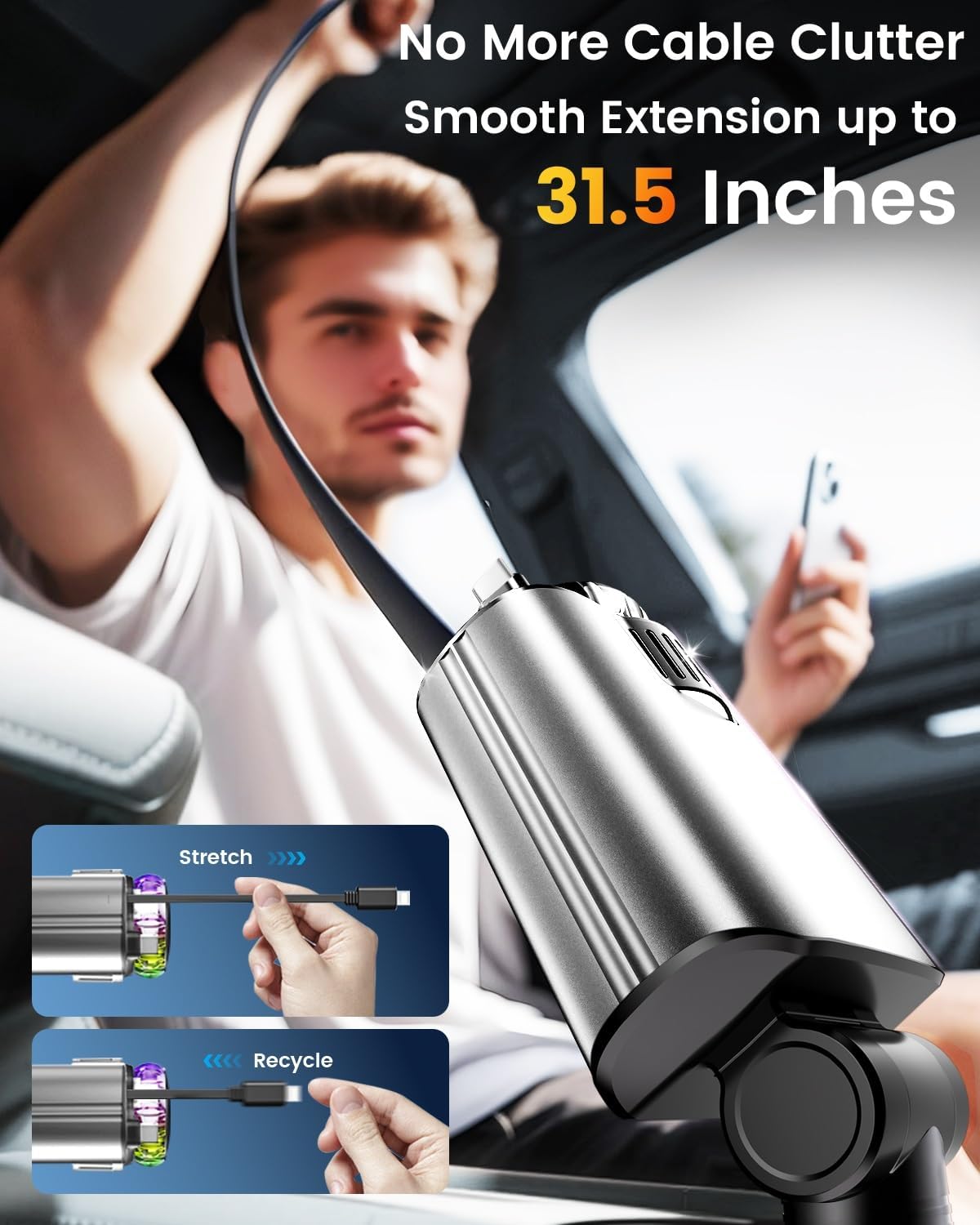 Retractable Car Charger with Air Freshener Diffuser & Star Lights,Multi Port Cigarette Lighter Adapter for iPhone Car Phone Charger USB-C/Type-C Fast Charging with 2 Retractable Cable,Car Aromatherapy
