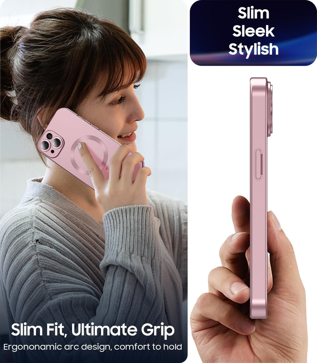 Magnetic for iPhone 14 Case [Compatible with MagSafe][Built-in Camera Lens Protector] Slim Soft Silicone Bumper Shockproof Metallic Luster Phone Case (Rose Gold)